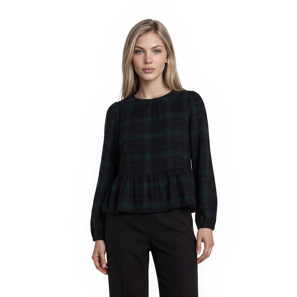 LOFT Peplum Blouse Women's Size Medium Green Blackwatch Plaid Metallic Tie Neck